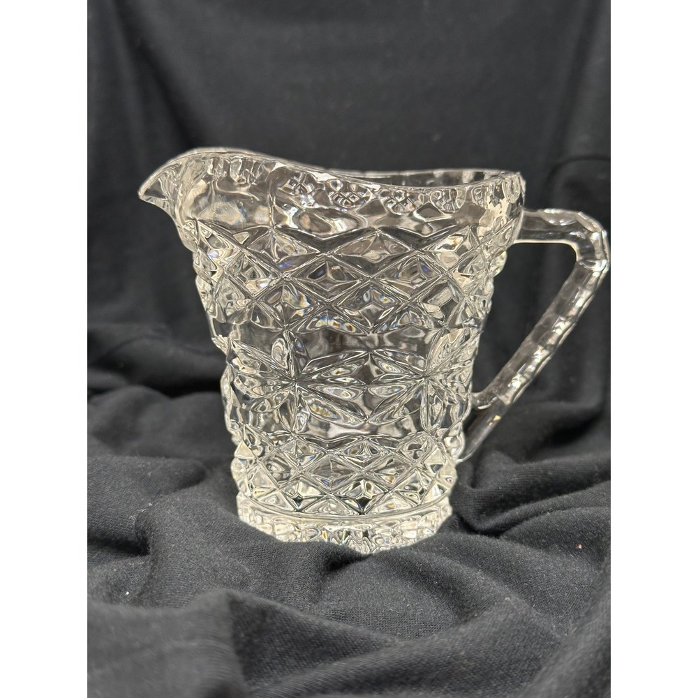 Vintage Clear Pressed Glass Creamer Pitcher Diamond Starburst 3.75"
